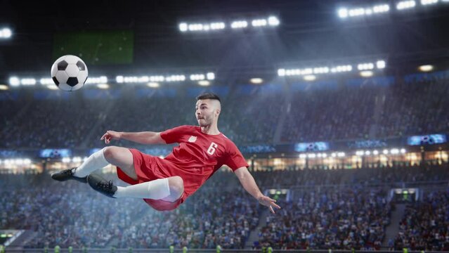 Aesthetic Shot Of Athletic Soccer Football Player Doing Beautiful Overhead Kick On Stadium With Crowd Cheering. International Championship Final Match on Arena Full Of Fans. Super Slow Motion.