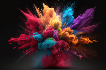 Multicolored explosion of rainbow holi powder paint isolated on black background. Generative AI