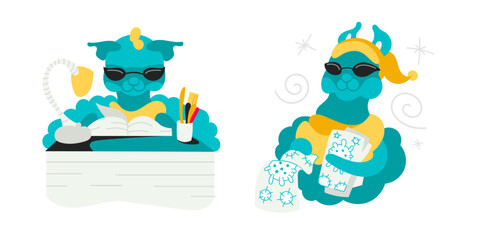 Vector character Lama is preparing for exams at the University. Lama distributes flyers with info about coronovirus.