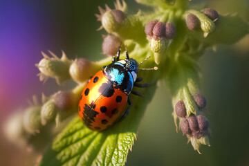 Macro shots, Beautiful nature scene. Beautiful ladybug on leaf and flower. Close-up of a ladybug on a branch. generative ai
