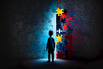 World autism awareness day. Little boy standing before the wall made from jigsaw puzzle pieces. Child autism concept. Generative AI