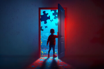 World Autism Awareness Day. A little boy stands in front of an open door to another world. The concept of child autism. Generative AI