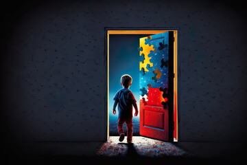World Autism Awareness Day. A little boy stands in front of an open door to another world. The concept of child autism. Generative AI