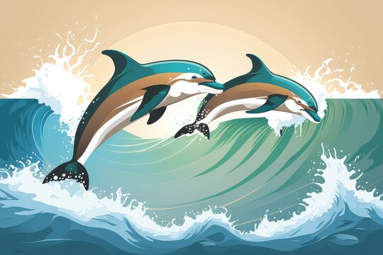 Two dolphins, a couple jumping on the water at sunset, Digital illustration. Generative AI