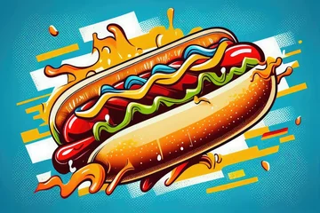 Fototapeten Hot dog on blue retro style background, fast food pop art. Generative AI © masharinkaphotos