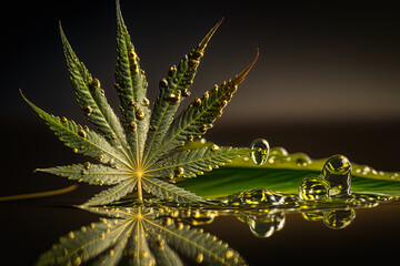 Cannabis leaf with cbd oil dripping from it. Medical marijuana health concept. Ai generative