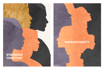 International Women's Day banner. #EmbraceEquity people banner or poster design template with bright colored human heads silhouettes with watercolor textures. Vector illustration