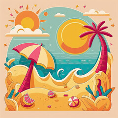 Fototapeta na wymiar Fun summer beach scene with sun, sea, and sand. Cartoon illustration for greeting cards or social media