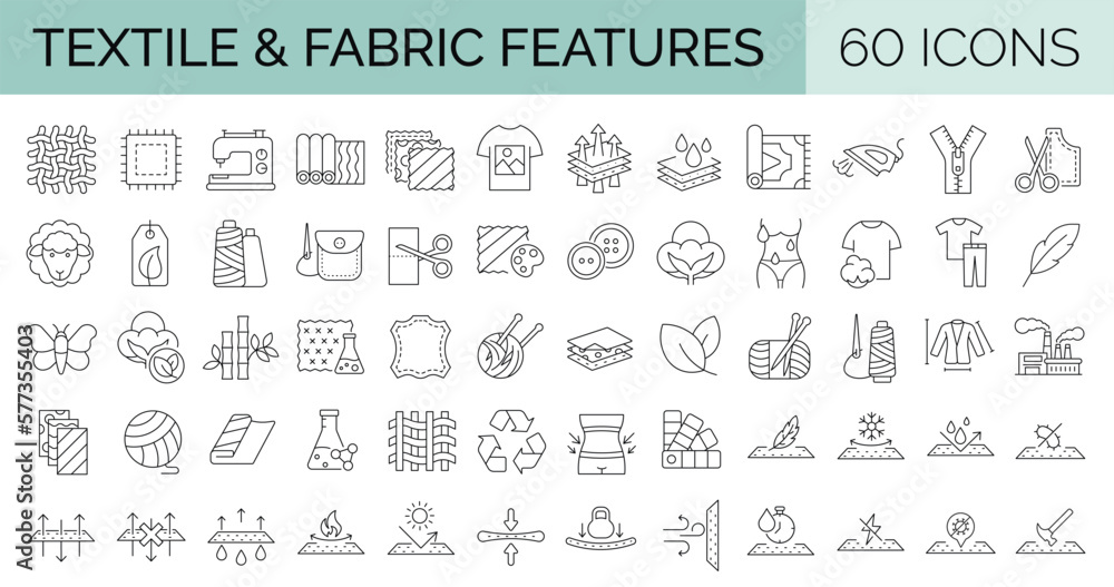 Poster set of 60 line icons related to textile industry, fabric feather. editable stroke. vector illustrati