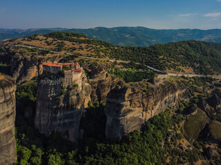 Aerial vIew The Holy Meteora Monasteries by drone. Summer Greece. Kalampaka. Kalabaka.