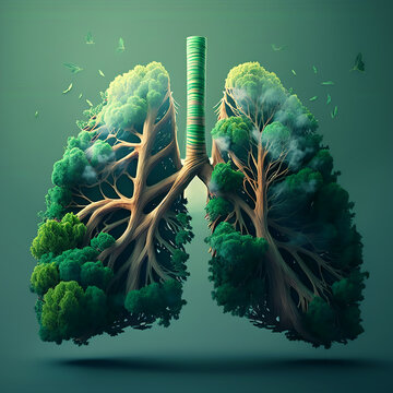 Creative Metaphoric Image Of Human Lungs In The Shape Of Green Forest Trees With Lush Vegetation Foliage. Environment Climate Change Smoking Health Concept