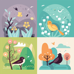Spring has come, seasonal background feeling the warmth of spring, birds, flowers, nature, season flat illustration