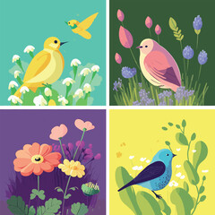 Spring has come, seasonal background feeling the warmth of spring, birds, flowers, nature, season flat illustration