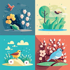 Spring has come, seasonal background feeling the warmth of spring, birds, flowers, nature, season flat illustration