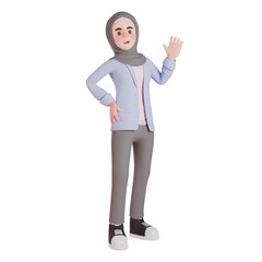 3d muslim woman show greeting gesture. woman waving her hand. 3d illustration.