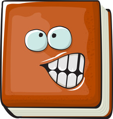 Book character. Cartoon brown paper book character isolated on white background. Funky book character with eyes and mouth. Vector brown book clip art, emoji, label and sticker