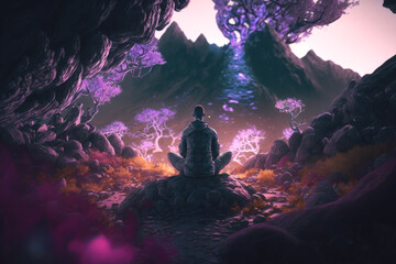 Meditation: Meditating man in a calm atmosphere with a beautiful landscape | Generative AI Production - obrazy, fototapety, plakaty