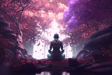 Fototapeta na wymiar Meditation: Meditating monk in a calm atmosphere with a beautiful landscape | Generative AI Production