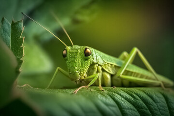Closeup young green grasshopper on a leaf. Grasshopper, Orthoptera, Caelifera. Macro photo of green grasshopper on grass in summer, spring. generative ai
