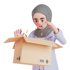 3d muslim woman surprised while opening box package. 3d illustration