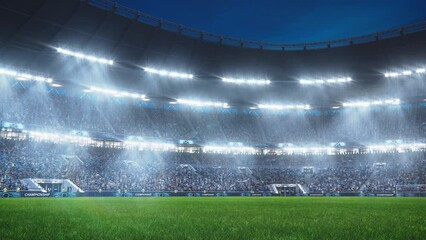 Aesthetic Static Establishing Shot of Empty Soccer Football Stadium With Crowd Of Fans Cheering in Excitement Before the Match. Lights Are Shining on The Sports Arena Grass Field.
