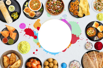 Assorted Indian Holi festival food like samosa, kachori, Puri bhaji, Pav Bhaji, Laddo, Sweets, Dahi vada, puranpoli, gujiya, gulab jamun with colorful background and colors with copy space.