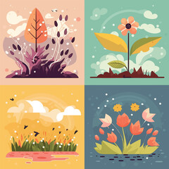 Spring has come, seasonal background feeling the warmth of spring, birds, flowers, nature, season flat illustration