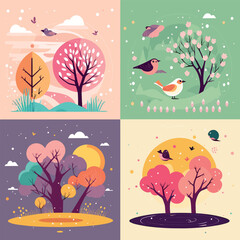 Spring has come, seasonal background feeling the warmth of spring, birds, flowers, nature, season flat illustration