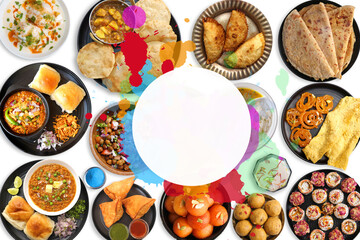 Assorted Indian Holi festival food like samosa, kachori, Puri bhaji, Pav Bhaji, Laddo, Sweets, Dahi vada, puranpoli, gujiya, gulab jamun with colorful background and colors with copy space.