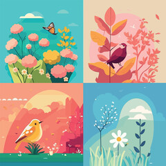Spring has come, seasonal background feeling the warmth of spring, birds, flowers, nature, season flat illustration