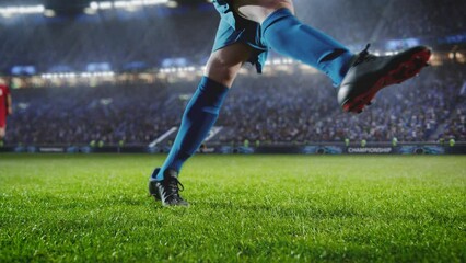 Aesthetic Shot Of Athletic Caucasian Footballer Shooting A Penalty Kick On Stadium With Crowd Cheering. International Soccer Championship Final Match With Fans On Tribune. Super Slow Motion. - Powered by Adobe