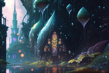 fictional futuristic and fantasy city landscape with rain falling, generative ai, generative, ai