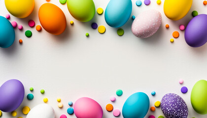 Easter banner with colorful Easter Egg border over a white background. Top view with copy space.