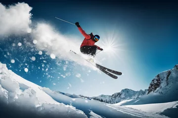 Fotobehang freeride skiing. skier jumping against blue sky. generative AI © ronstik