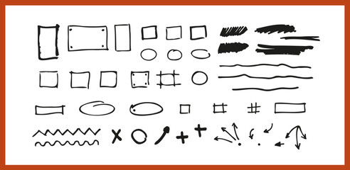 Super set of hand drawn check mark with various circular arrows and shapes. Doodle. Hand drawn icons set vol 7. Vector illustration