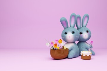 Easter cute Bunnies with basket, eggs and flowers on light pink background. 3d rendering