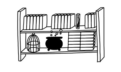 Shelves with magic books in outline doodle style.