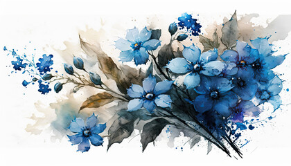 Blue flowers painted with watercolors on white background. Wallpaper created using generative AI tools