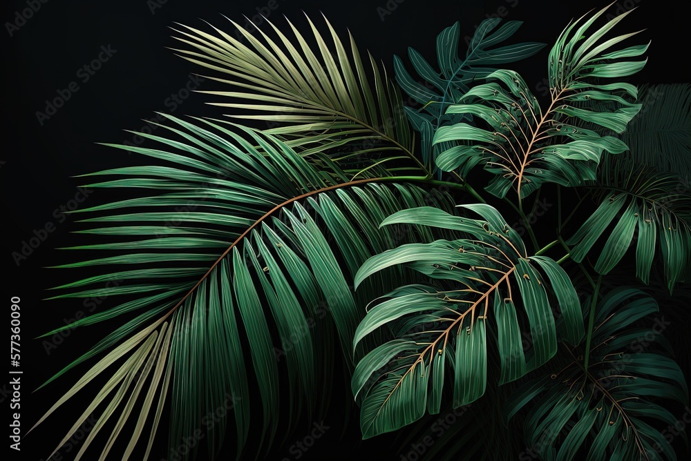 Poster magnificent macro photo of a green palm tree on a black backdrop generative ai