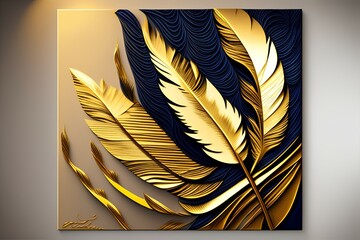 Golden feather art hanging painting, relief art wall, cover design, abstract golden lines - generative ai