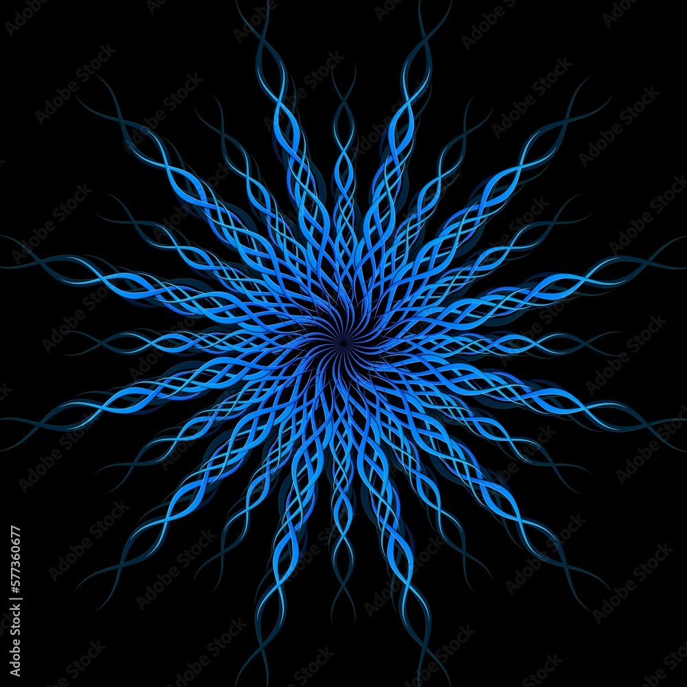 Poster abstract graphic background - loop shape illusion in blue colour on black background - 3d illustrati