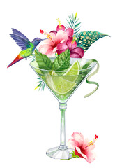 Tropical cocktail with lime and tropical flowers