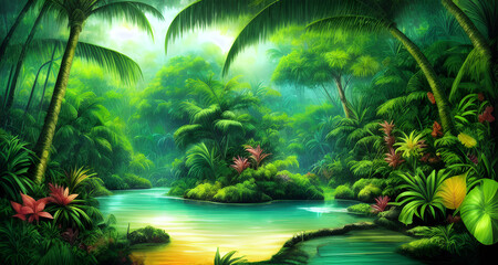 AI Digital Illustration Magical Tropical Landscape