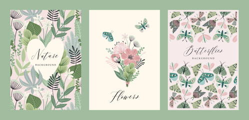 Vector butterflies and floral backgrounds. Templates for card, poster, flyer, cover, home decor and other.