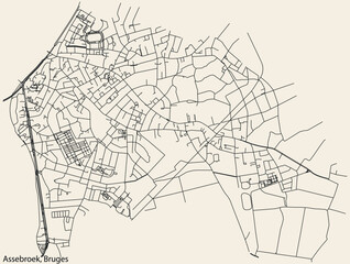 Detailed hand-drawn navigational urban street roads map of the ASSEBROEK SUBURB of the Belgian city of BRUGES, Belgium with vivid road lines and name tag on solid background