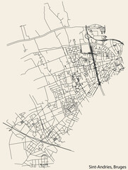 Detailed hand-drawn navigational urban street roads map of the SINT-ANDRIES SUBURB of the Belgian city of BRUGES, Belgium with vivid road lines and name tag on solid background