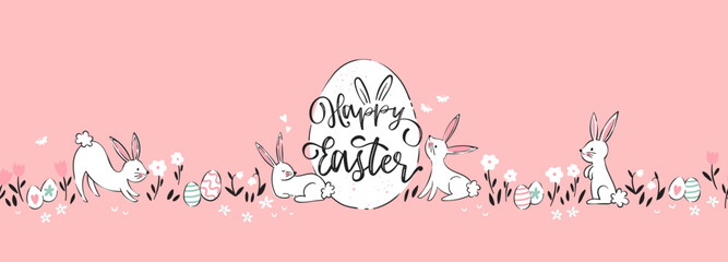 Lovely hand drawn easter designs with text "Happy Easter" cute hand drawn bunnies, eggs and decoration - vector design