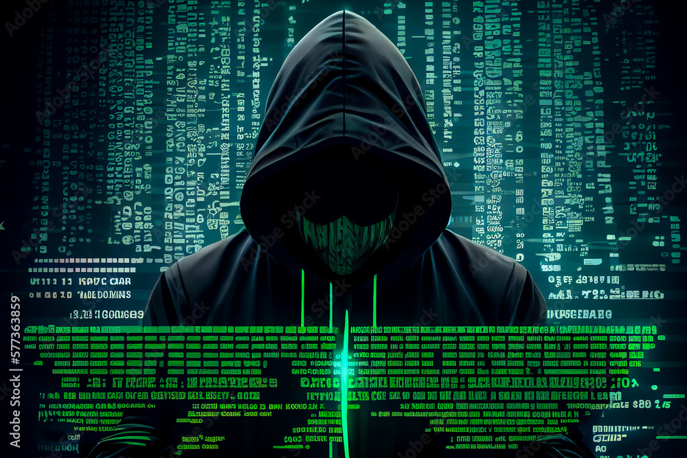 Poster hooded hacker on green code background. generative ai