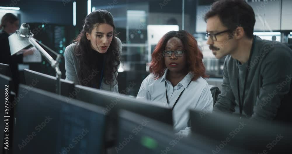 Aufkleber Team of Three Multiethnic Diverse Software Developers Talk, Discuss an AI Project. Empowered Black Female Specialists and Two Colleagues Work on Digital E-Commerce Startup Business