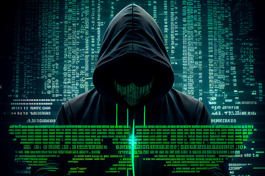 hooded hacker on green code background. Generative AI